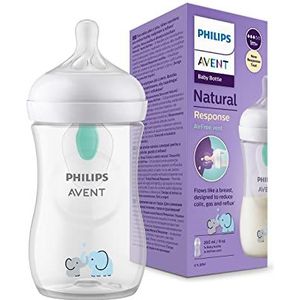 Philips Avent Natural Response-babyfles - Babymelkfles van 260 ml met AirFree-opening, BPA-vrij, voor pasgeboren baby's van 1 maand en ouder, met olifantmotief (model SCY673/81)