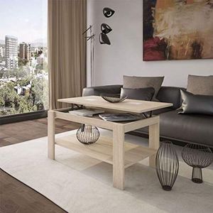 HOGAR24 ES Opklapbare salontafel met tijdschriftenstandaard, eiken, contrastglazen in wit, afmetingen: 100 x 50 x 49/57 cm