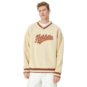 Koton Heren Oversized V-hals Applique Embroidered College Sweatshirt, beige (050), L