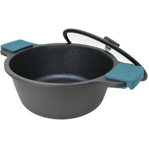 ARCOS Thera Kookpan, 32 cm en 9,3 l, hoge pan voor inductie, gas en vitro, gegoten aluminium, met glazen deksel en afneembaar handvat, vaatwasmachinebestendig, zwart/blauw