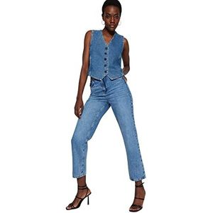 Trendyol Dames hoge taille rechte pijpen rechte jeans, blauw,32, Blauw, 58