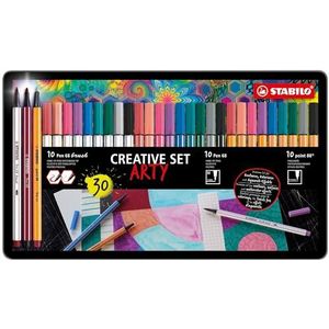 Premium Viltstift Met Penseelpunt + Premium Viltstift + Fineliner - STABILO Pen 68 brush + Pen 68 + point 88 - ARTY - Metalen Etui Met 30 Stuks - 10x Pen 68 brush, 10x Pen 68, 10x point 88