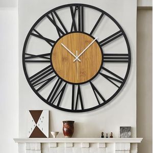 HAITANG Extra grote wandklokken, stil tikken, batterij-aangedreven vintage ronde moderne houten wandklok voor woonkamer, slaapkamer, boerderij, kantoormuurdecoratie-32 (80 cm, zwart, Romeins cijfer)
