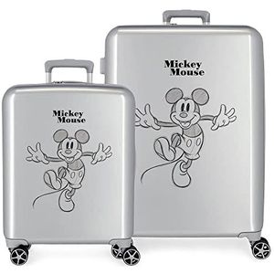 Disney Mickey Joyful Happy Kofferset, 100 stuks, grijs, 55/70 cm, stijf, ABS-kunststof, geïntegreerde TSA-sluiting, 119 l, 6 kg, 4 dubbele wielen, handbagage, Mickey Muis, Eén maat, kofferset