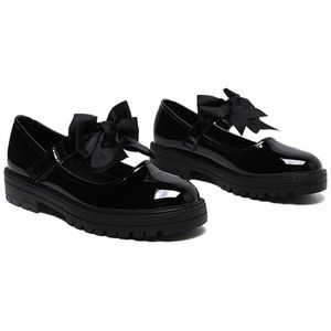 Gizelle® Meisjes patent zwarte Mary Jane schoolschoenen met afneembare strik op riem - peuter kinderen terug naar school comfortabele anti-slip uniform platte schoenen UK, Zwart, 36 EU