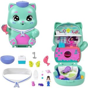 Polly Pocket Poppen en Speelset, Compacte Speelset Hijs de Zeilen, Kitty, Speelgoed voor Onderweg met 1 Micropop, Speelgoedpoezen, Lekkere Hapjes en Modeaccessoires, JCR37