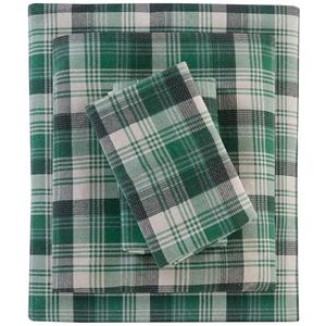 Woolrich Flanellen lakenset van 100% katoen, warme zachte lakens met 35,6 cm diepe zak, cabine levensstijl, koude seizoen, gezellige beddengoedset, bijpassende kussensloop, Queen, groen geruit,