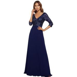 Ever-Pretty Dames Diepe V-hals Halve Mouw Chiffon Pailletten Een Lijn Lange Formele Avondjurken Marineblauw 36EU