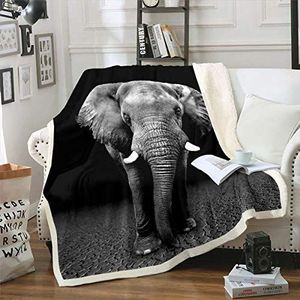 Loussiesd Olifant Pluche Deken 3D Olifant Print Sherpa Deken voor Kinderen Jongens Volwassenen Wild Dier Patroon Fleece Gooi Deken Zachte Fuzzy Deken voor Slaapbank Bank Dubbele 60x79 Inch, Zwart