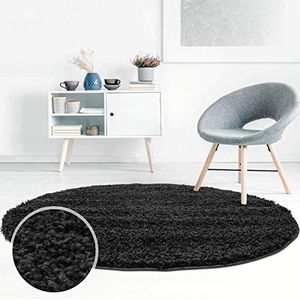 Carpet City ayshaggy Shaggy tapijt hoogpolig langpolig effen zwart zacht wollig woonkamer, afmetingen: 80 x 80 cm rond, 80 cm x 80 cm
