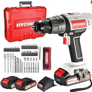 HYCHIKA 18V accuschroevendraaierset, accu-boormachine met 2.0 Ah-accu, klopboormachine max. 45 Nm, 2 snelheden, 21 + 3 koppels, accuboormachine met 53 accessoires, voor reparatie en doe-het-zelf