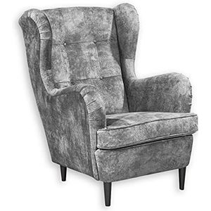 OSKAR 3 Wijsstoel met knoopsluiting, grijs, vintage woonkamerstoel met massief houten poten, 78 x 102 x 98 cm (b x h x d)