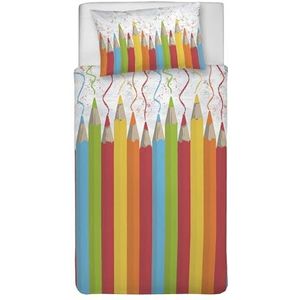 PENSIERI DELICATI Eenpersoons beddengoedset 100% katoen, compleet met dekbedovertrek 155 x 200 cm en 1 kussensloop 52 x 82 cm, gemaakt in Italië, machinewasbaar op 40 °C, motief: kleurpotloden