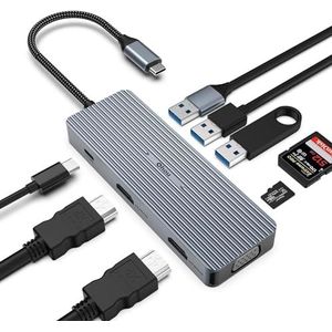 9-in-1 USB C-hub, drievoudig display, 2 x HDMI/VGA, Mac Pro/Air Docking Station voor Dell, Surface, HP, Lenovo, type C-apparaten (SD/TF+USB A 3.0/2.0+PD opladen)