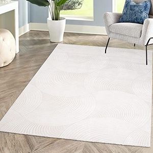 carpet city Vloerkleed, laagpolig voor woonkamer, wit, 160 x 230 cm, kapper met 3D-effect, cirkelvormig patroon voor slaapkamer, hal, eetkamer