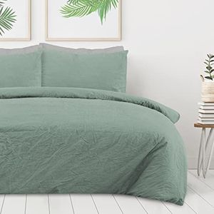 Sleepdown 100% puur katoen effen kleurstof salie groen dekbedovertrek quilt kussensloop beddengoed set zacht onderhoudsvriendelijk - eenpersoons (135 cm x 200 cm)