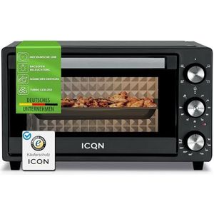 ICQN Minioven 20L, pizzaoven, boven-/onderwarmte met circulatiefunctie, 5 grill-functies, 90 minuten timer, 1500 W, mini-oven, 80 °-250 °C, bakplaat/grill/kruimelplaat en plaathouder, zwart