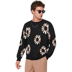 Trendyol Heren ronde hals bloemen oversized trui sweatshirt, zwart, S, Zwart, S