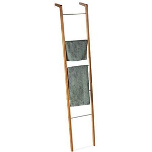 Relaxdays ladderrek, handdoekhouder bamboe en staal, decoratieve ladder, met 5 stangen, HBD 180 x 35 x 20 cm, natuur