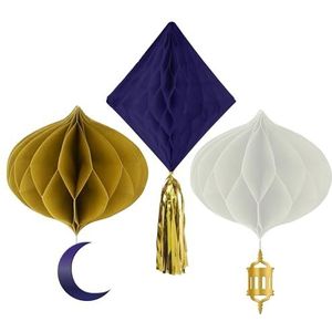 Folat 24892 Decoratie-honingraatwaaierset, Mubarak-3 stuks, Eid Decoratie, ster, maan, accessoires, Ramadan, meerkleurig