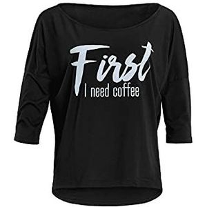 Winshape MCS001 ultra licht modal-shirt voor dames, met 3/4-mouwen, met witte""First I need coffee"" glitterprint, winshape dans-stijl, fitness, vrije tijd, sport, yoga, workout