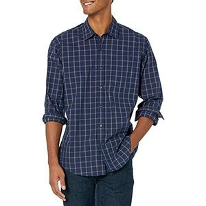 Amazon Essentials Men's Casual poplin overhemd met normale pasvorm en lange mouwen, Marineblauw Vensterruit, XS
