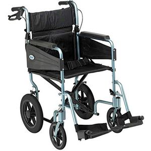 Days Escape Wheelchair, Lite aluminium, lichtgewicht en opvouwbaar frame, mobiliteit Aids, Attendant Propelled, comfortabele reisstoel met verwijderbare voetsteunen, standaard maat, zilver/blauw