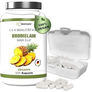 Bromelain 200 capsules 500 mg | 10.000 F.I.P/g | 5000 GDU/g | vitamine C | 7 maanden voorraad | hoge dosis | inclusief pillendoosje | 100% veganistisch | puur plantaardig | laboratorium getest | Made