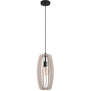 EGLO Hanglamp Bajazzara, 1-lichts pendellamp eettafel, lamp hangend in scandinavisch design voor woonkamer en eetkamer, eettafellamp van hout in zandkleur en zwart metaal, E27 fitting