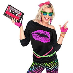 Widmann 29420 29420 T-shirt jaren '80 modegirl, voor volwassenen, mouwloos shirt, Kiss, Lips, Disco koorts, Neon, themafeest, carnaval, dames, meerkleurig, XXL