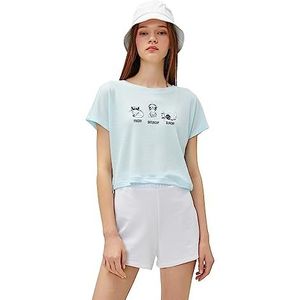 Koton Dames Crop Korte Mouw Crew Neck Gedrukt T-shirt, blauw (657), XL