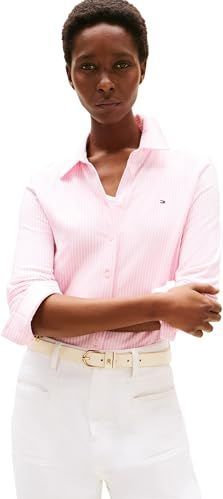 Tommy Hilfiger L/S Polo voor dames, Roze (Ithaca Stp/Klassiek Roze), XXS