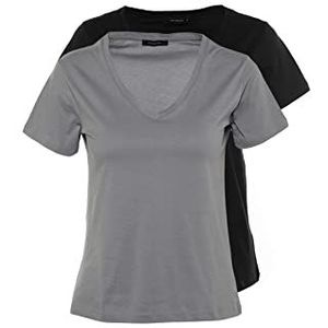 Trendyol Dames Gray 100% Katoen V-hals 2 Pakket Knitted T-Shirt, Zwart-Grijs, XXL
