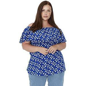 Trendyol Vrouwen vrouw regelmatig off-shoulder Carmen kraag geweven plus grootte blouse shirt, blauw, 50, Blauw