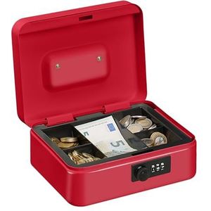 Relaxdays geldkistje met cijferslot, 3-cijferige code, bakje voor munten, geldkluisje metaal, HBD 8,5x20x17 cm, rood