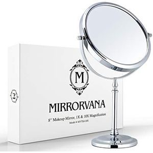 Mirrorvana 10x Vergroting Cosmetische Spiegel, Make-up Spiegel Dubbelzijdig, Scheerspiegel, Vrijstaand Tafelspiegel, 360 graden draaibaar,Verchroomd (20 cm)