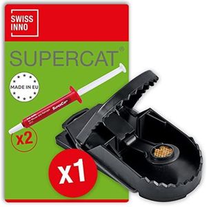 SWISSINNO Rattenval SuperCat: Efficiënte + herbruikbare slagval met niet-giftig voedselaas. Klaar voor onmiddellijk gebruik. Voor binnen + buiten gebruik. Gemaakt in EU: 1x val + 2x lokaasspuiten.