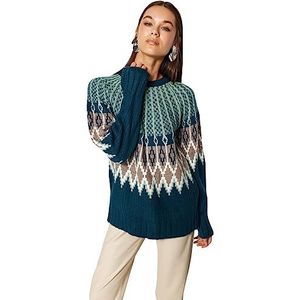 Trendyol FeMan oversized basic gebreide trui met ronde hals, smaragd, S, Emerald, S