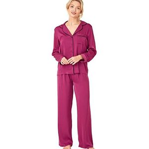 Indigo Sky Dames Astara volledige lengte satijnen pyjama met contrasterende biezen, Magenta, 44-46