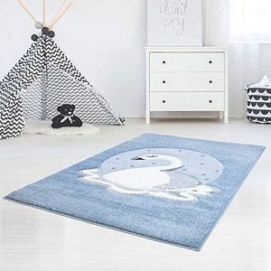 Kindertapijt Vloerkleed hoogwaardig Bueno met contoursnit, glanzend garen met zwanenpatroon in blauw voor kinderkamer maat 140/200 cm