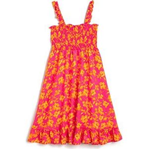 Koton Meisjesjurk met bloemenprint, midi-bandjes, omzoomd, detail, oranje design (2d0), 7-8 jaar