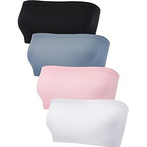 Bandeau-beha voor dames, 4 stuks, strapless bralette, naadloze bandeau, niet-gewatteerde stretch topbeha, lichtblauw, roze, wit, zwart, S