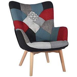 MEUBLE COSY Fauteuil patchwork gestoffeerde woonkamerstoel met armleuningen, relaxstoel van stof met hoge rugleuning, houten poten voor slaapkamer, woonkamer, 70,5 x 79 x 98 cm