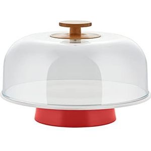 Alessi Mattina BG06 R - Design porseleinen taartstandaard met PMMA-deksel en bamboeknop, rood