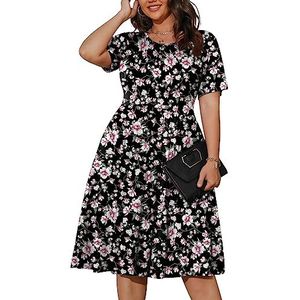 POSESHE Casual zomerjurk met korte mouwen voor dames, grote maat, Empire-maat, losse pasvorm, met zakken, Zwart en roze bloemenpatroon., XXL grote maten