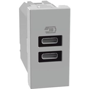 BTICINO MatixGO JG4191CC stopcontact met USB-aansluiting, 1 module, grijs, USB-oplader met twee type C-poorten, 15 W