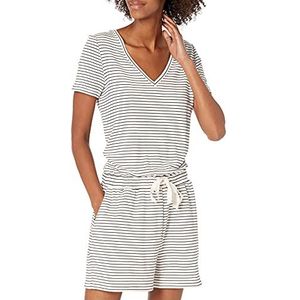 Daily Ritual Dames Supersoft Terry Korte mouw V-hals Romper,WIT/ZWART STRIPE,L