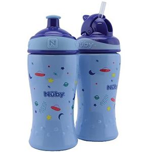 Nuby - Dubbelpack no-spill Flip-It Drinkfles met rietje 360ml + Pop-Up Drinkfles 360ml voor kinderen - Zonder BPA - Blauw - 360 ml - 12+ maand & 18+ maand