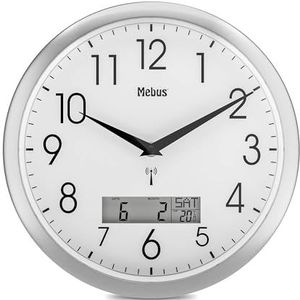 Mebus Draadloze wandklok, 29 cm, geruisloos, lcd-display voor datum en temperatuur, wit, model 19422 - multifunctioneel en stil