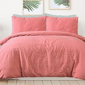 Sleepdown 100% puur katoen effen kleurstof donker roze dekbedovertrek quilt kussensloop beddengoed set zacht onderhoudsvriendelijk - eenpersoons (135 cm x 200 cm)